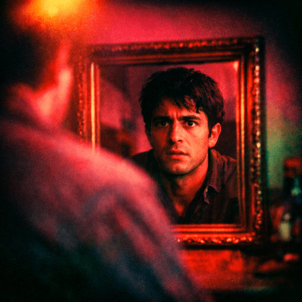 Anxious Reflection in Crimson Light