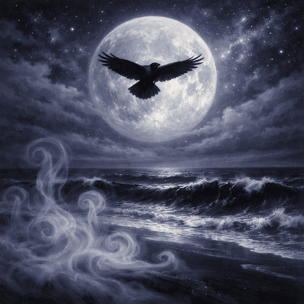 Raven over the midnight shore